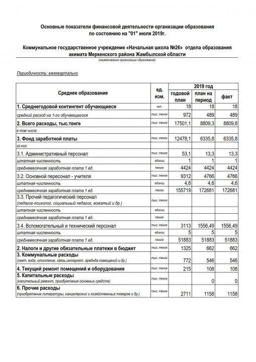Основные показатели финансовой деятельности организации  по состоянию на "1"июля 2019г.